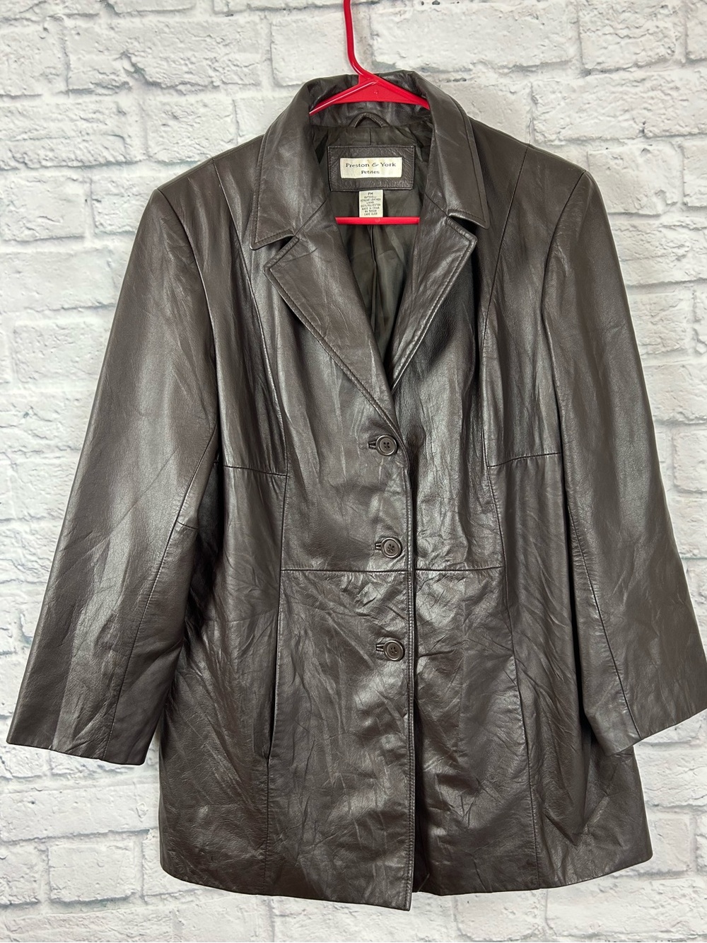 Preston & York Petites PM Brown Genuine Leather Blazer Jacket 3 Button